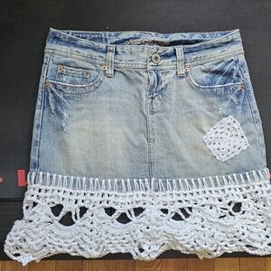 American Eagle Outfitters Blue Denim Skirt with White Crochet Hem